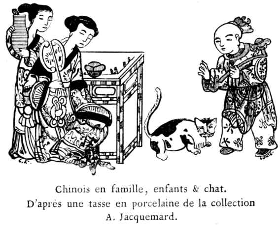 Chinois en famille, enfants & chat. D'après une tasse en porcelaine de la collection A. Jacquemard.