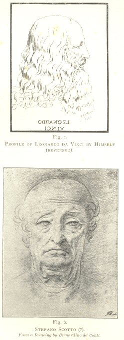 Plate XIX.  Fig. 1.  Profile of Leonardo da Vinci by Himself
(reversed).  Fig. 2.  Stafano Scotto (?).  From a Drawing by
Bernardino de’ Conti