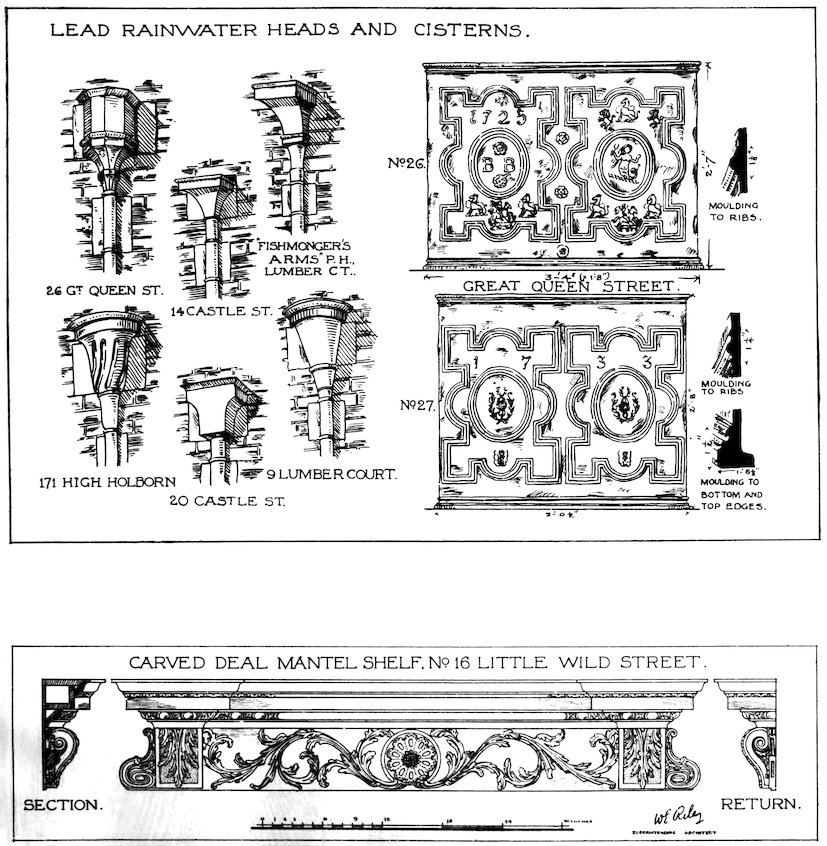 LEAD RAINWATER HEADS AND CISTERNS. CARVED DEAL MANTEL SHELF, N<sup>O</sup>. 16 LITTLE WILD STREET.