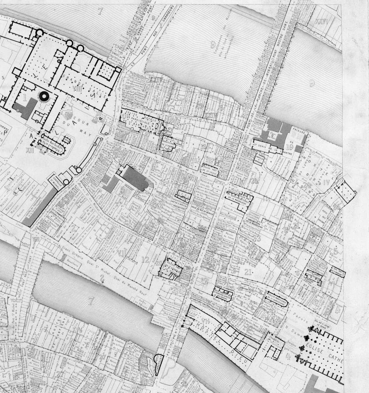 Paris.—Typ. Tolmer et Cⁱᵉ.


LA CITÉ AU XVᵉ SIÈCLE

AVEC LES ENSEIGNES DES MAISONS

Extrait de la feuille X du plan de l’ancien Paris, restitué par Albert
Lenoir et Adolphe Berty. (Archives de la Commission des Monuments
Historiques.)