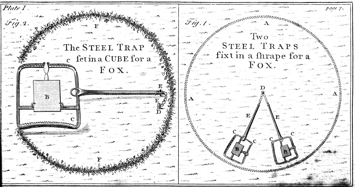 _Plate I._ _page 7._ _Fig. 2._ The STEEL TRAP set in a CUBE for a FOX. _Fig. 1._ Two STEEL TRAPS fixt in a shrape for a FOX. _Jn. Lodge sc._